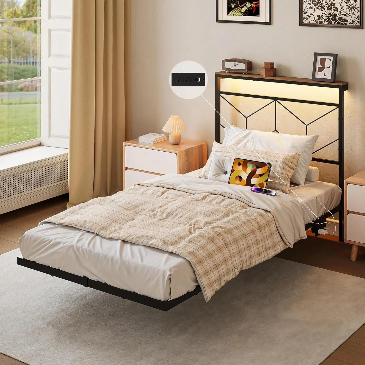 

Двуспальная металлическая кровать-платформа со светодиодной подсветкой, изголовьем с отсеком для хранения, зарядной станцией, простой в сборке, не требует пружинного блока, на заказ