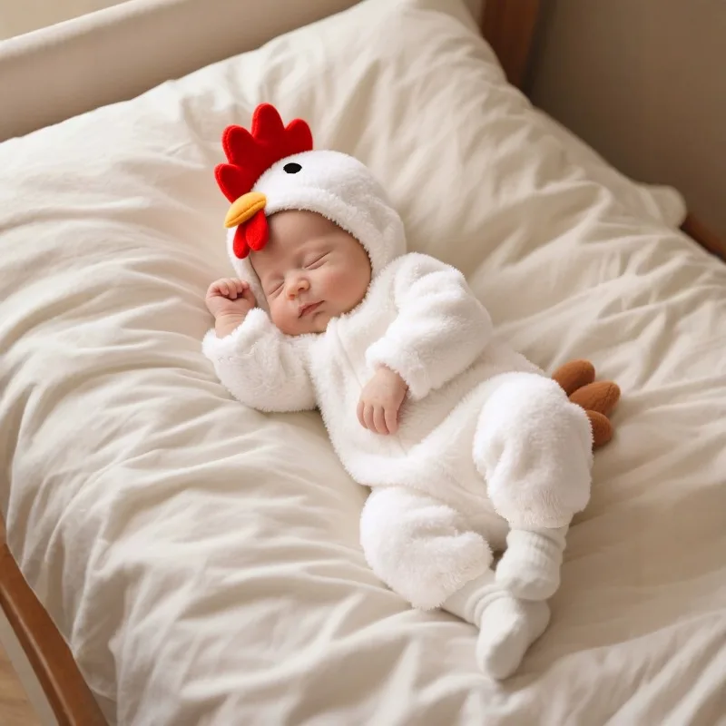 Newborn Baby White Chicken Romper Hooded Bodysuit Jumpsuit Onesie Toddler Warm Plush Fleece Winter Hooded Playsuit
