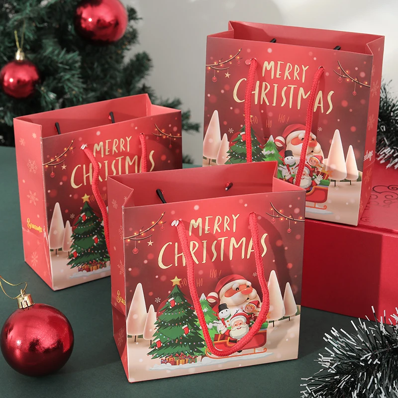 Sacchetto regalo di natale 3 pezzi borsa rossa piccola media grande vigilia di natale sacchetto di carta per feste di caramelle di mele