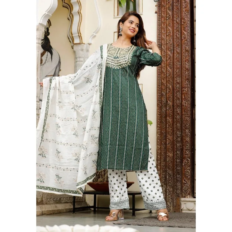 

Heavy Embroidery Work Indian Women Straight Salwar Suit Kurti Palazzo Dress Set