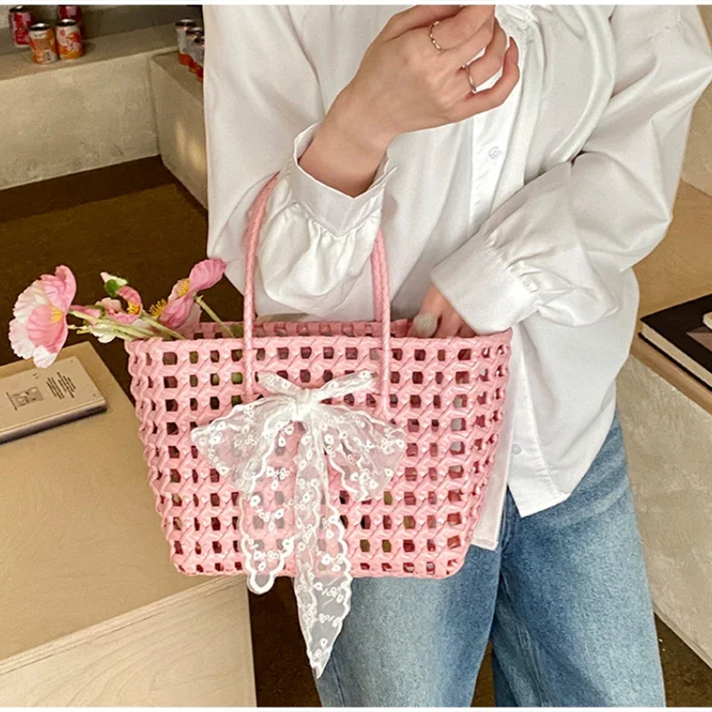 Koreanische Hohlgeflochtene Schleifen-Handtasche, Süße Einfarbige Gemüsekorb-Tasche, Lässige Vielseitige Schultertasche mit Großer Kapazität, Neu – Detail 11