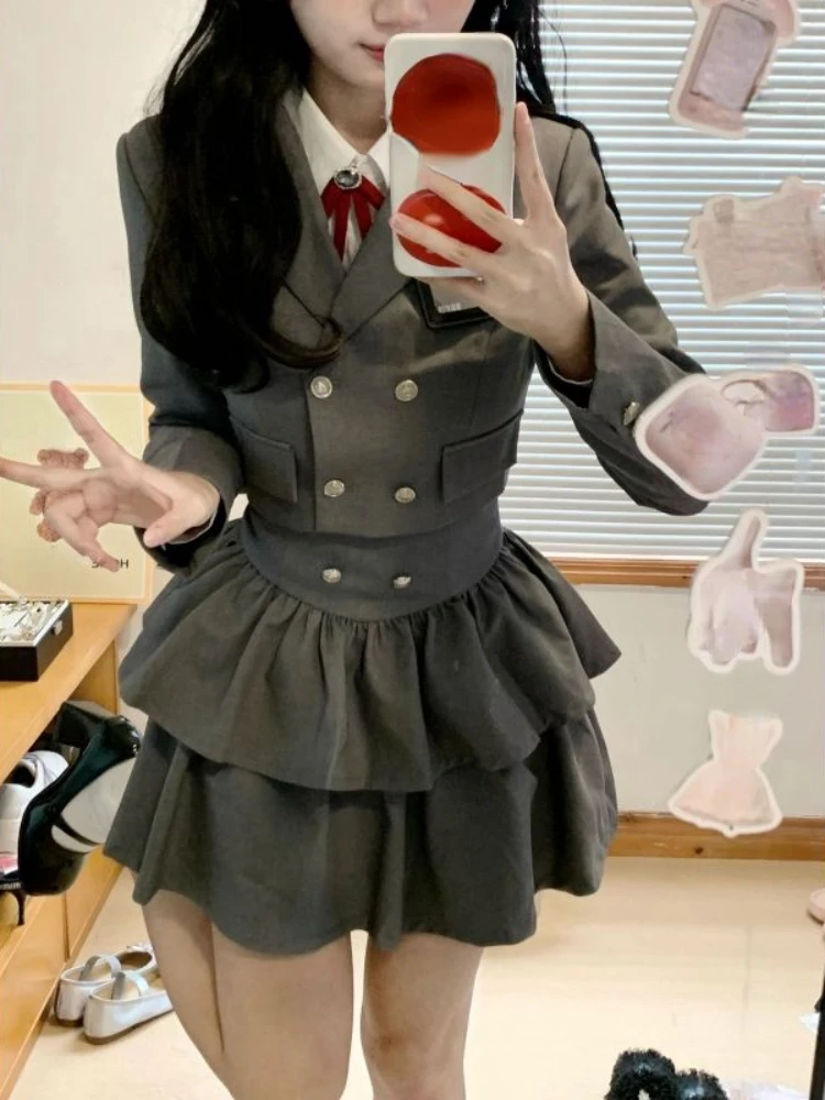 

2023 Autumn Preppy Style Grey 2 Piece Set Uniform Fashion Clothing Suit Woman Short Coat + White Shirt + High Waist Mini Skirt