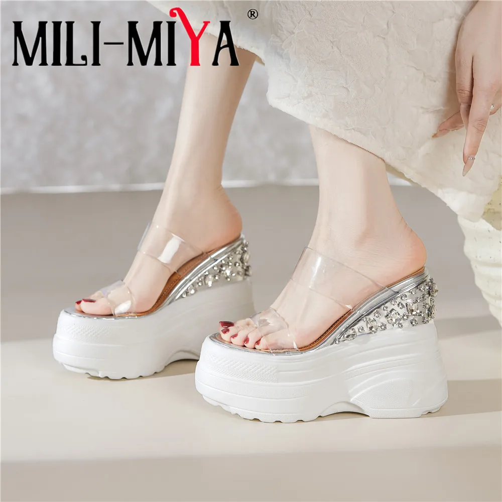 MILI-MIYA Sandalias de tiras transparentes de suela gruesa con diamantes de imitación de cristal hechas a mano para mujer con plataforma impermeable cuñas ultraaltas