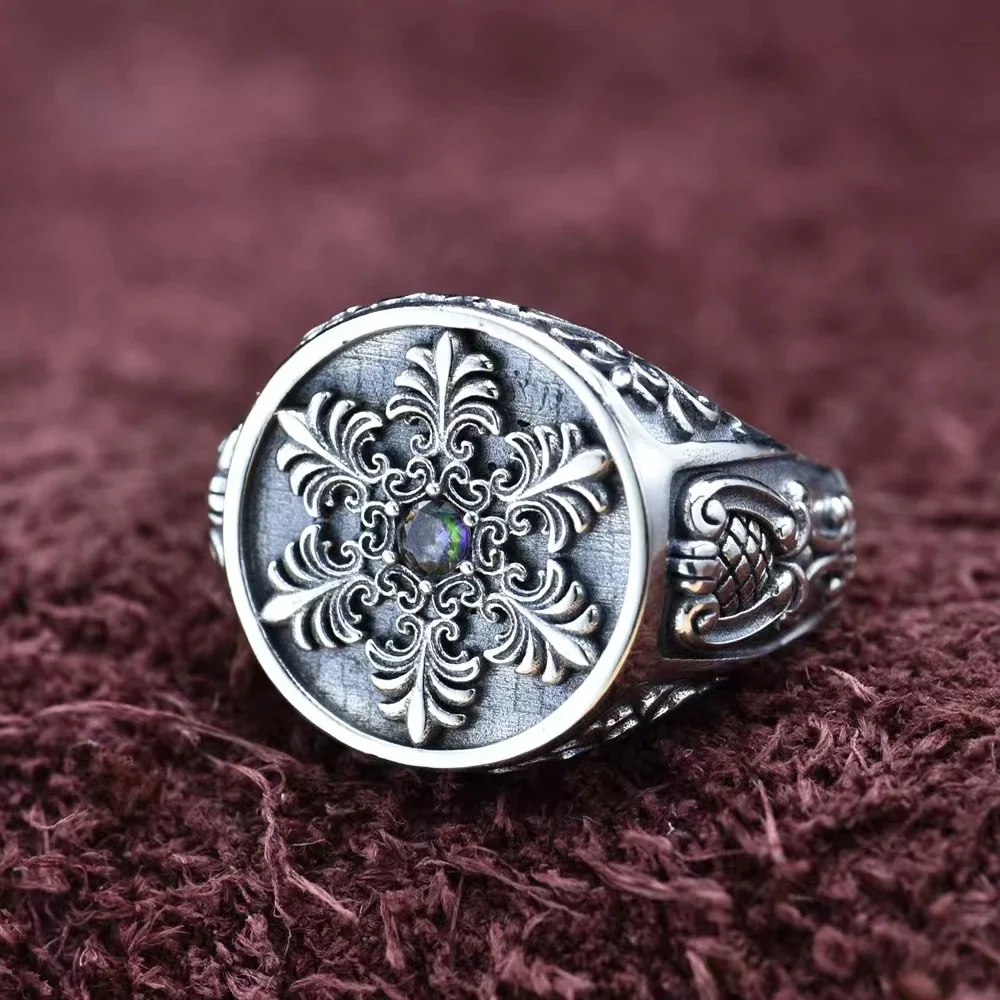 S925 Sterling Silver Ring for Men's Wizard of Oz Sculpted Snowflake Craftsmanship, Original Design, Retro and Old Style