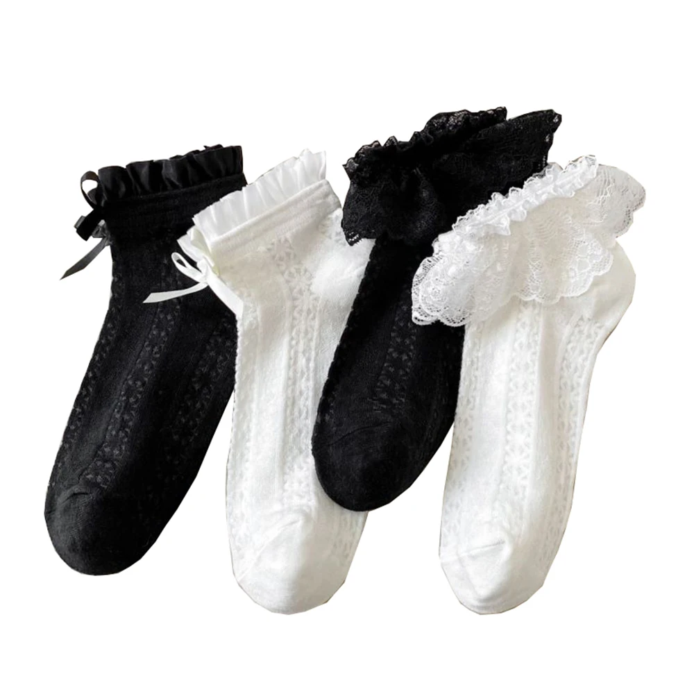 4 Pair Cute Lolita Lace Edge Socks Women Fashion Bow Mesh Breathable Cool Socks Korean Style Sexy Fishnet Spring Summer New