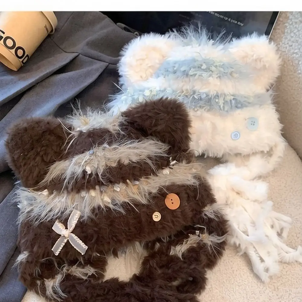 Womens Winter Plush Cat Ear Hat Soft Adjustable Warm Earflap Cap Decorative Bowknot Sweet Style Trendy Fuzzy Headwear