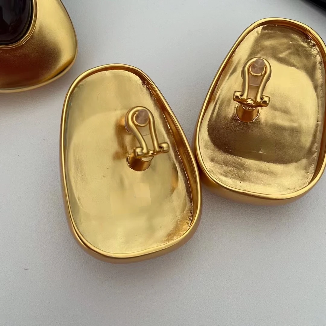 Europe and America New Oval Design Large Glass Inlaid Retro Ear Clips, Fashionable and Exaggerated Jewelry Earrings for Women
