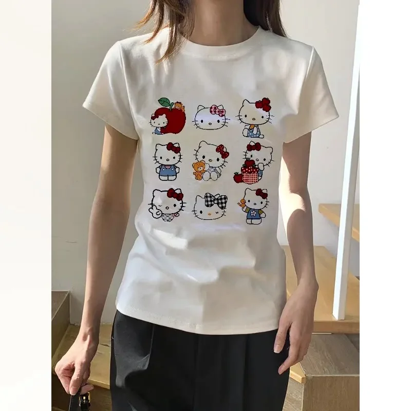 

Летняя футболка оверсайз 2026 Hello Kitty с принтом «Девять квадратов» в разнообразных стилях, 100% хлопок, свободный крой, для взрослых, детей и семейного отдыха