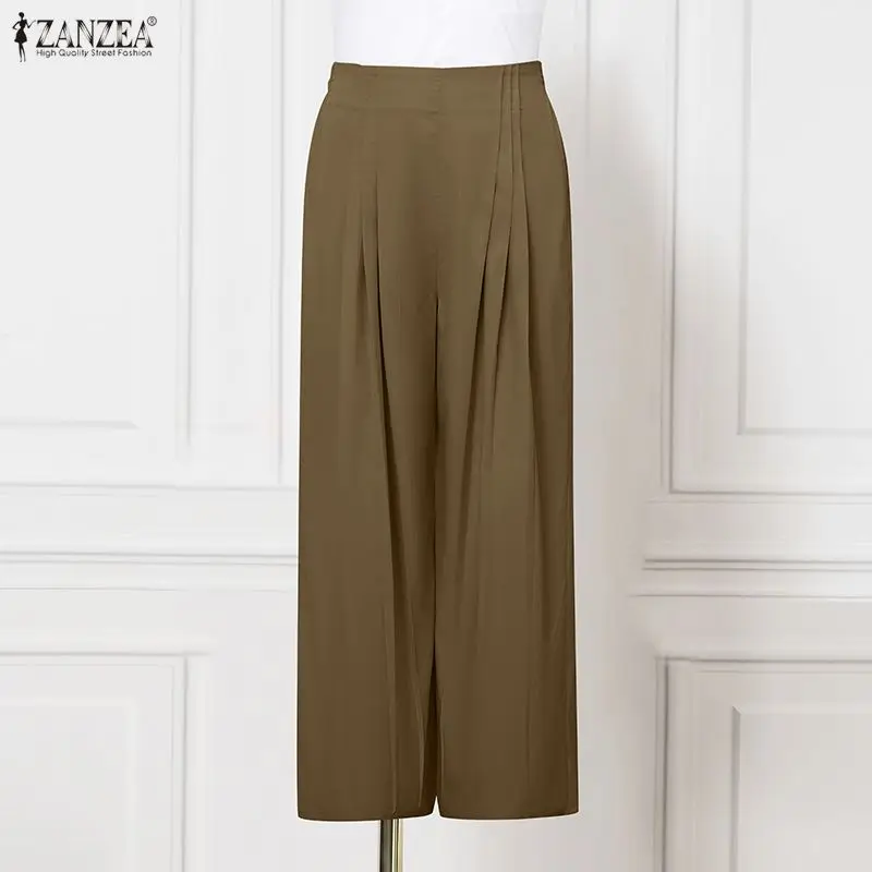 ZANZEA Women Pants Pleated Casual Wide Leg Long Trousers 2026 Summer Office Lady Wide Leg Capris Solid Color Elegant Bottoms