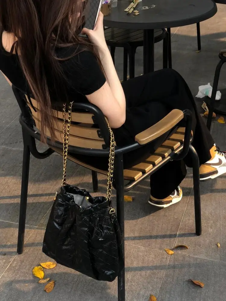 Fashion Women\'s Chain PU Leather Shoulder Bags Casual Female Rhomboid Lattice Handbags Luxury Black Underarm Bags 2024 New