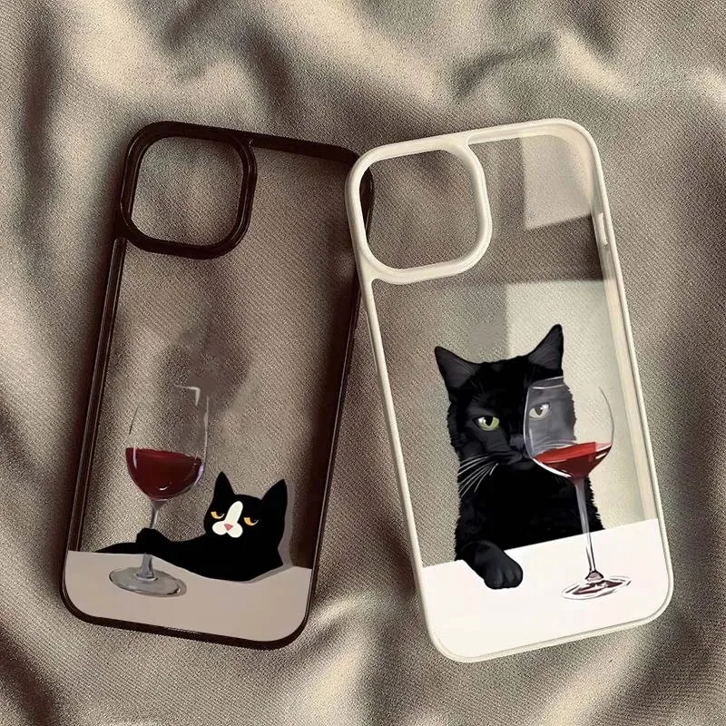 Cute Cat Goblet Drink Couple Phone Case for iPhone 16 15 14 13 12 11 Pro MAX X XS XR Max 7 8 Plus SE