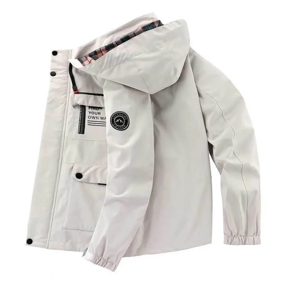 Men Casual Windbreaker Jacket Lapel Hooded Long Sleeve Multi Pockets Design Waterproof Outdoor Soft Shell Winter Coat