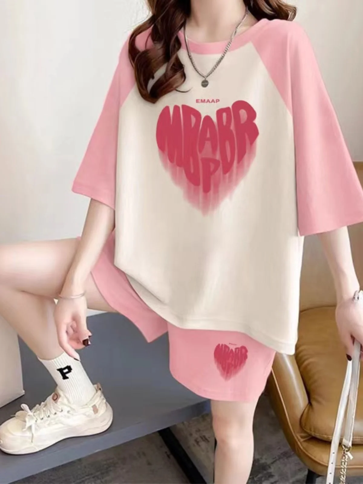 

Спортивный комплект Salt Series OOTD для женщин: мятно-зеленый, с принтом Wave Love, большие размеры, цветные блоки, короткий рукав, шорты, модный комплект из двух предметов