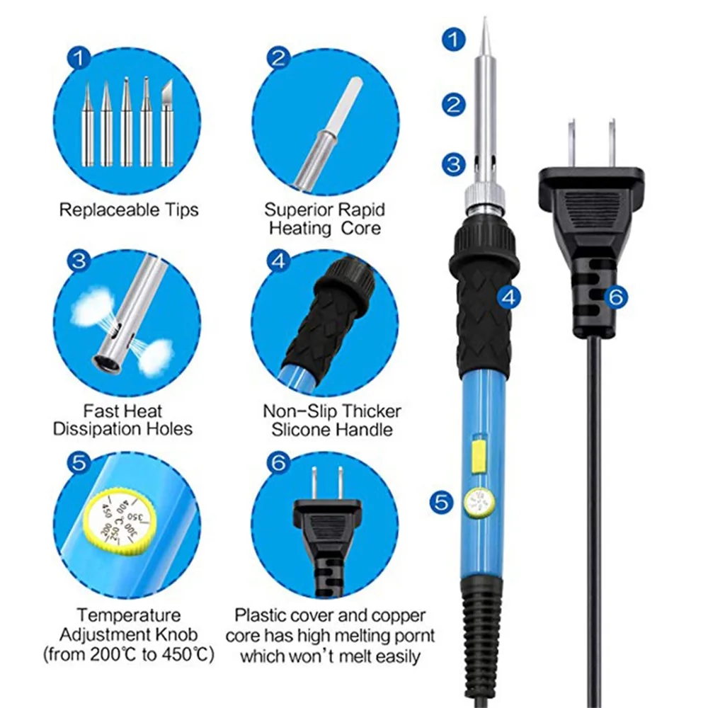 60W Electric Soldering Iron Adjustable Temperature Electric Soldering Iron Solder Tin Welding Solder Heating Nib Repair Tools