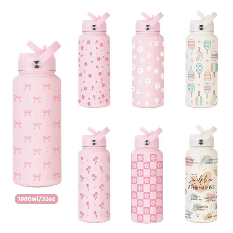 1L Large-capacity Thermal Water Bottle With Printed Design,Double-layer Stainless Steel Drinkware,Sports Thermos Cup For Gym