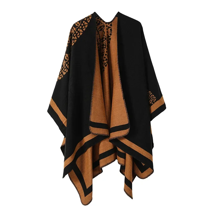 Châle double face pour femme, ponchos d'automne, mode rétro européenne et américaine, fourche fendue en jacquard, châle chaud épaissi, populaire