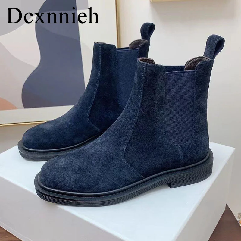 

Women Elastic Band Splicing Ankle Boots Round Toe Cow Suede Flat Short Boots Autumn Winter Chelsea Boots Retro Riding Boots