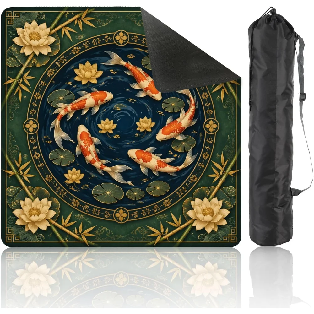 31.5 Inch 3mm Neoprene Luxury Mahjong Mat Koi Fish Lotus Mandala Blue Gold Non Slip Noise Reduction for Mahjong Games