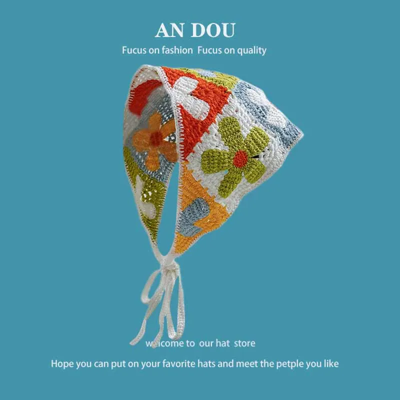 Dopamine Color Knitted Hollow Hair Scarf for Women Spring and Summer Travel Pastoral Style Versatile Sweet Triangle Towel