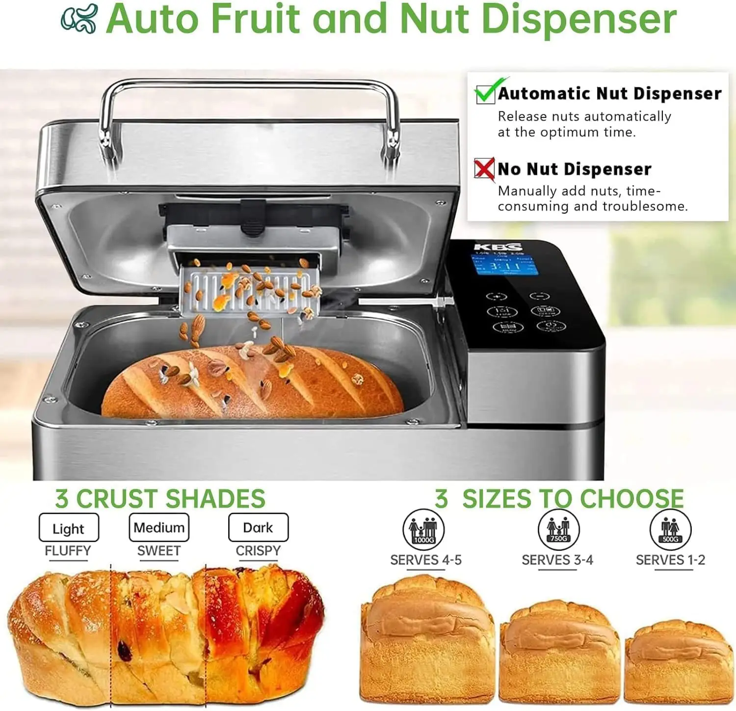 Steel Bread Machine, 2LB 17-in-1 Programmable XL Bread Maker with Fruit Nut Dispenser, Nonstick Ceramic Pan& Digital Touch Panel