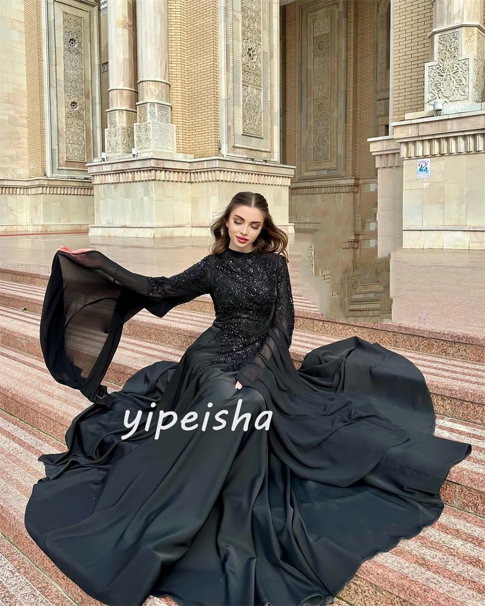 Chiffon Applique Sequined Beading Ruched Valentine\'s Day A-line High Collar Bespoke Occasion Gown Long Dresses