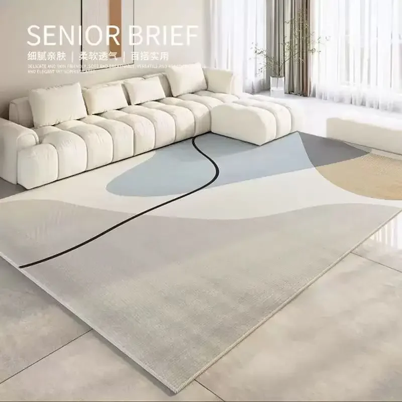 VIKAMA Beige Grey Blue Abstract Arc Area Rug for Living Room Bedroom, Non Slip Machine Washable Floor Rug Home Decor