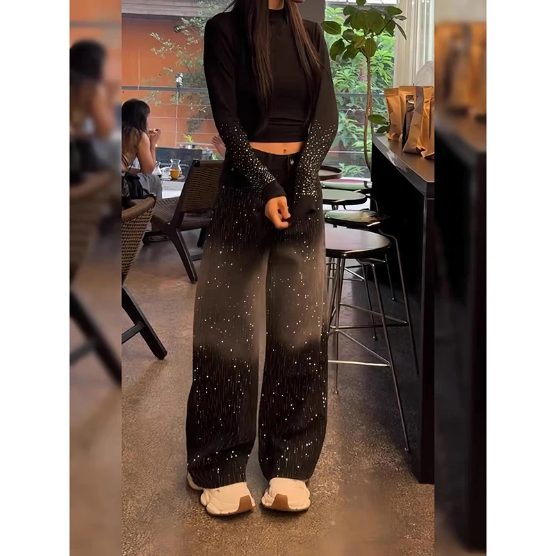 ZHIZOU Women Baggy Black Jean Grunge American Retro Harajuku High Street 2000s Wide Fit Jeans Y2k Japanese Denim Pants Hip-pop