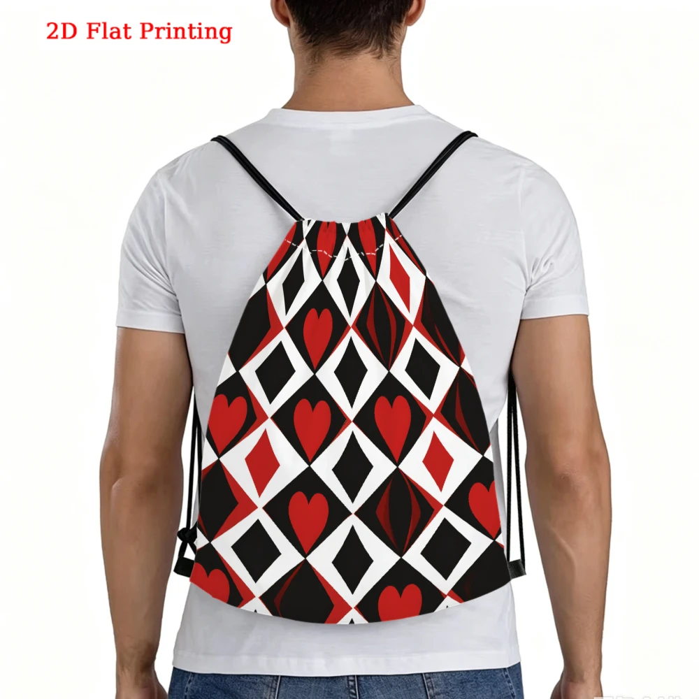 Red Heart Diamond Pattern 2D Flat Print Drawstring Backpack for Fitness Sports Outdoor Travel
