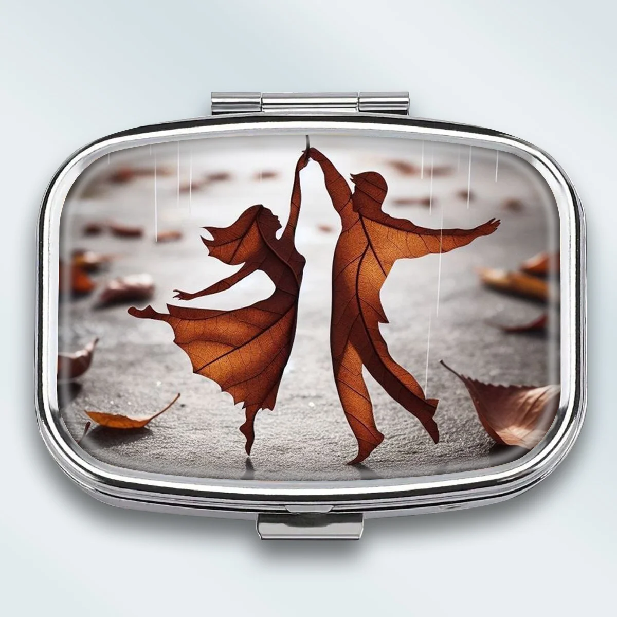Compact 2-Compartment Square Metal Pill Box, Autumn-Themed Small Pill Box, Portable Decorative Vitamin Storage Box, or a Unique Gift for Your Wallet