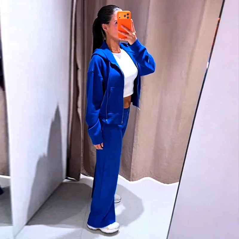 Damen-Hosen-Sets mit Kapuze, Langarm-Reißverschluss, Oversize-Mäntel, Kordelzug-Taille, Schlaghosen, Frühling-Herbst, schicke neue Outfits für Damen – Detail 17