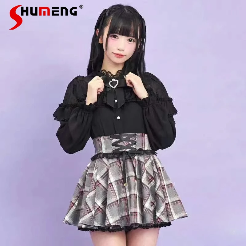 

SC Long Sleeve Shirt Autumn New Japanese Style Girls Sweet Cute Bow Lace Lolita Blouses Women's Loose Slimming Elegant Tops 2025