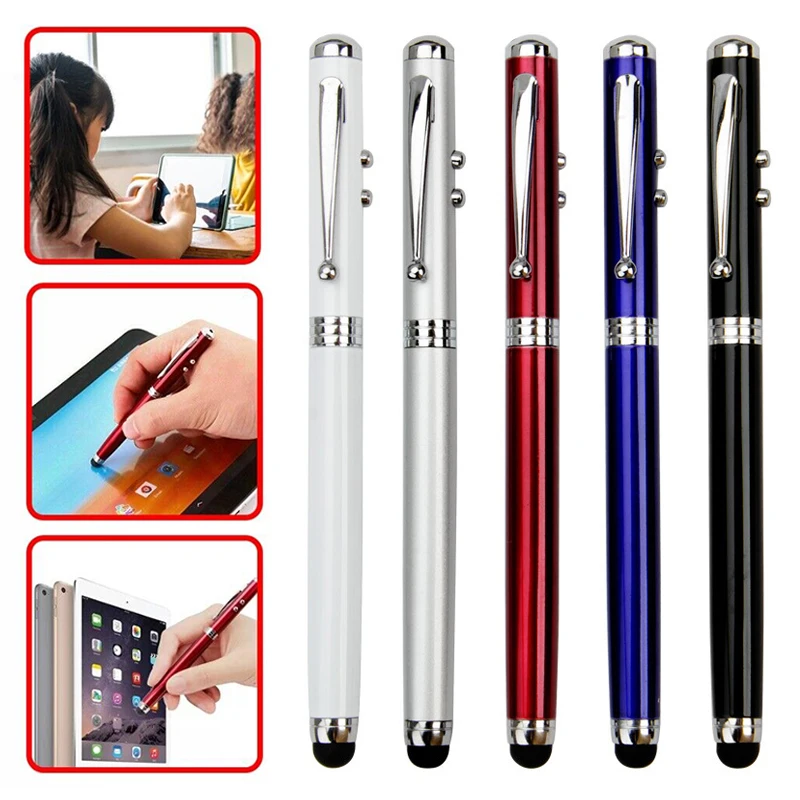4 In 1 Ballpoint Pen Screen Stylus Writing Stationery Multifunctional LED Laser Lamp Metal Creative School Supply