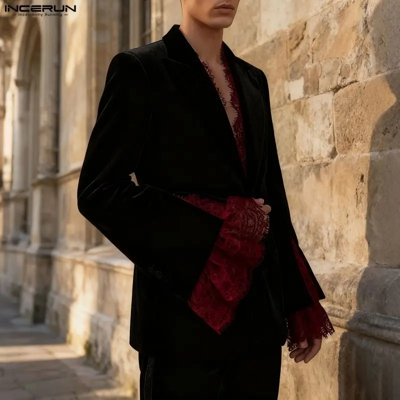 

INCERUN Men Blazer Lace Patchwork Lapel Long Sleeve One Button Male Suit Streetwear Elegant Fashion Casual Thin Coats Men S-3XL