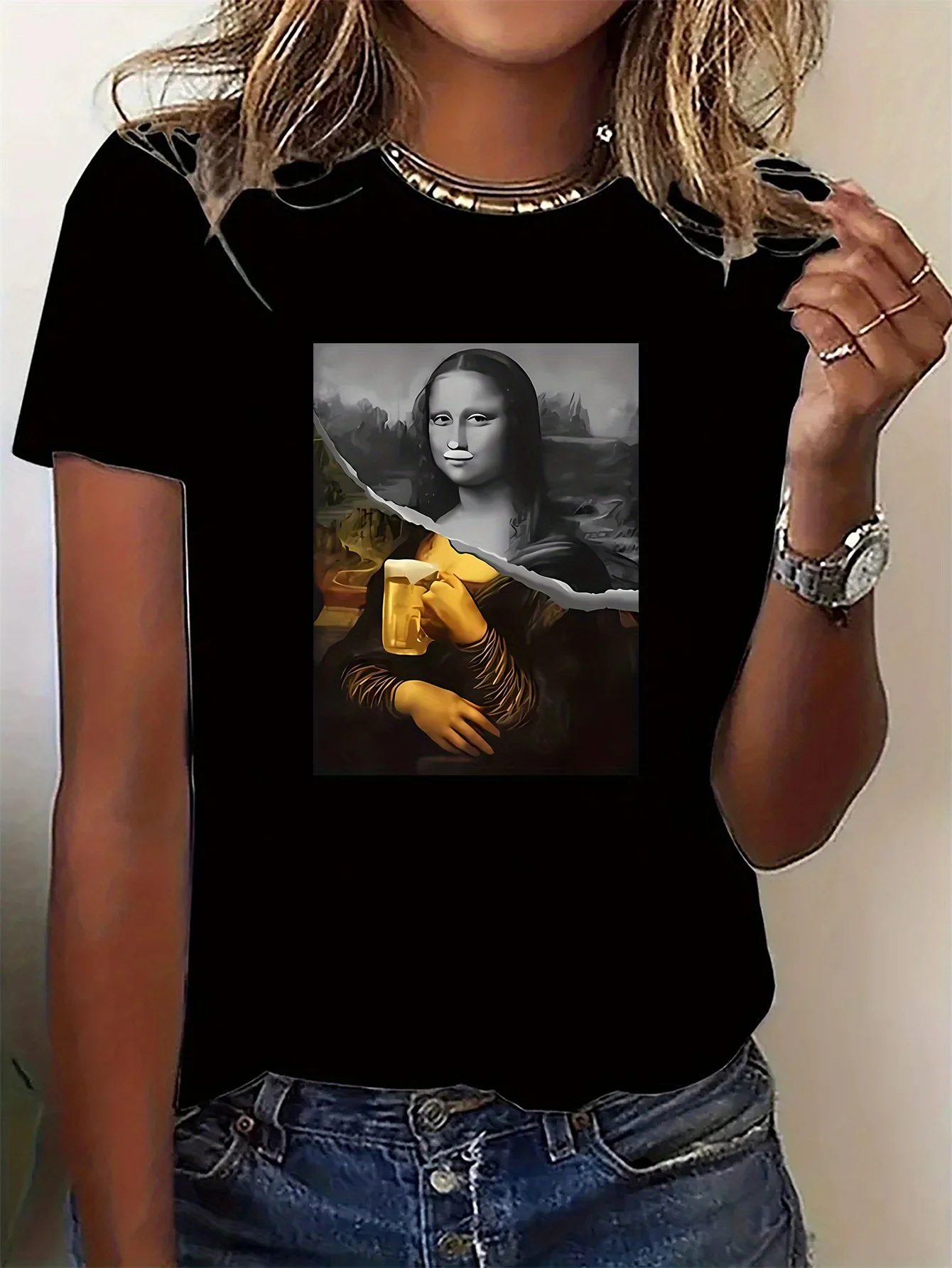 Humor Mona Lisa Beer Festival Element Graphic T Shirt Women's Men Cotton Tee Casual Summer Oversized O-Neck Novelty Streetwear