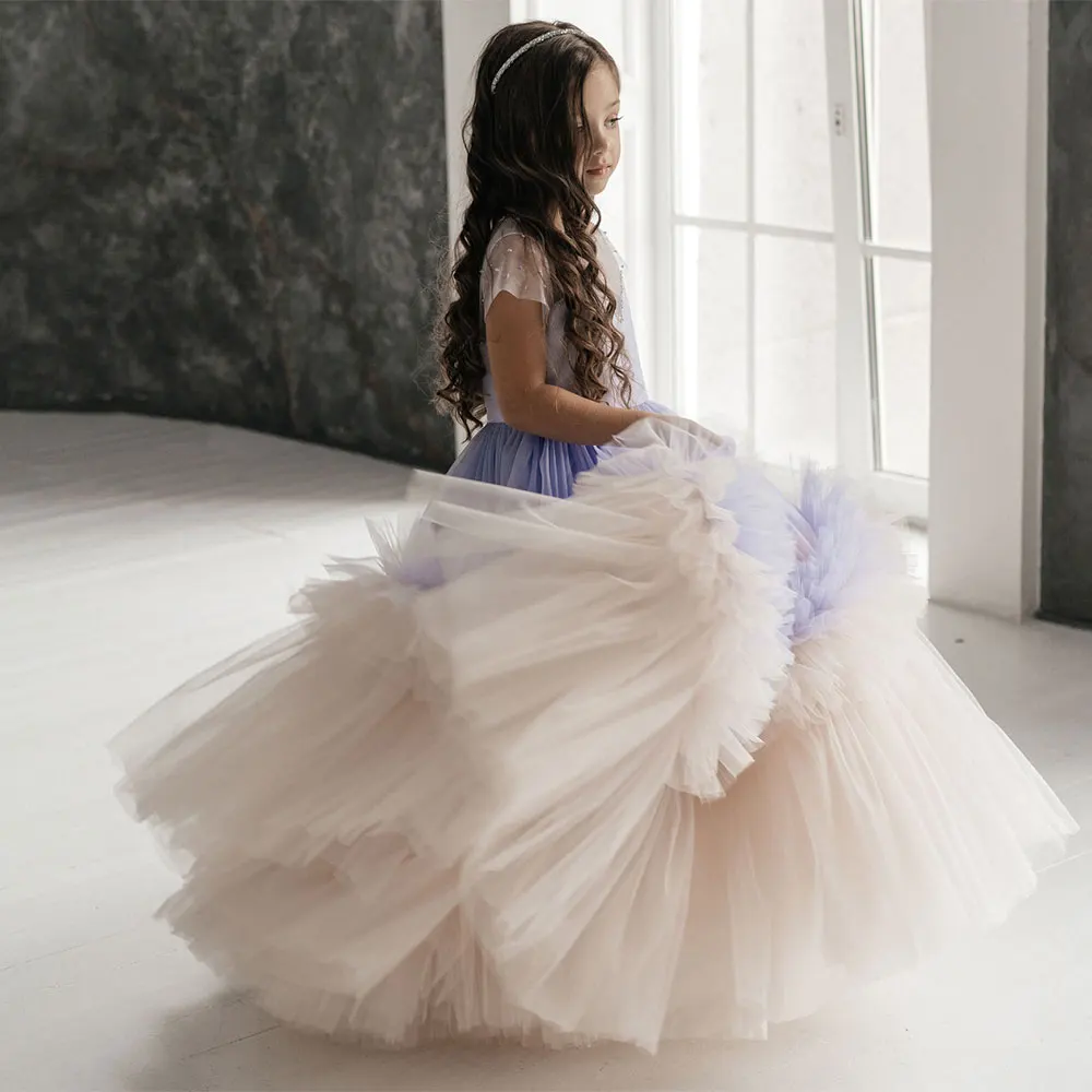 

New Tulle Flower Girl Dress For Wedding Beaded Puffy O-neck Sleeveless Kids Princess Birthday Party Ball First Communion Gown