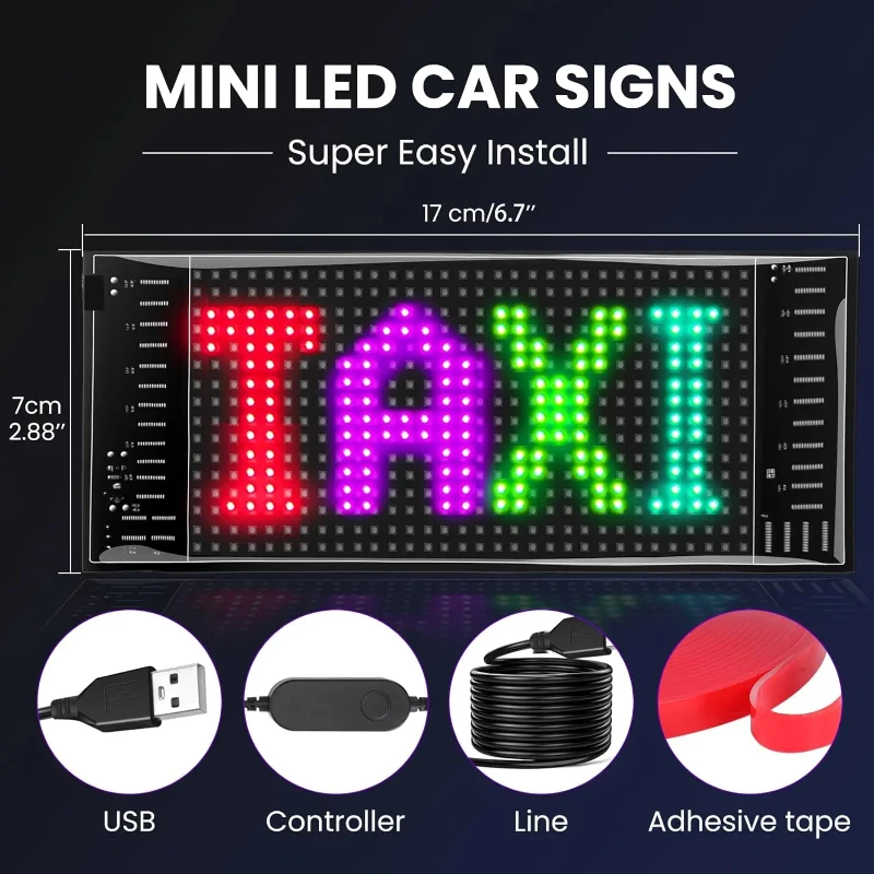 Car Scrolling Publicidade LED Sign, USB 5V, Controle Bluetooth App, Luz do logotipo, Padrão de texto personalizado, Animação Programável Display