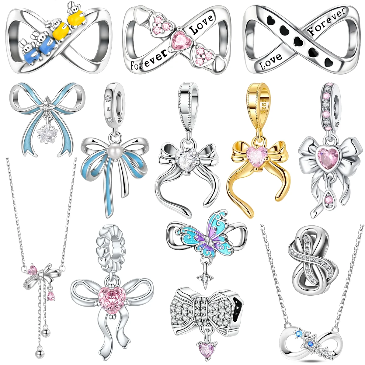 925 Sterling Silver Bowknot Infinity Heart Butterfly Rabbit Star Charms Bead Pendent Fit Bracelet Necklace DIY Fashion Jewelry