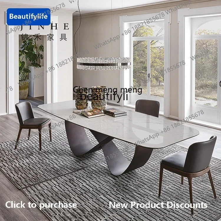 

178cqy Italian light luxury rock slab dining table villa living room modern minimalist rectangular tempered glass dining table