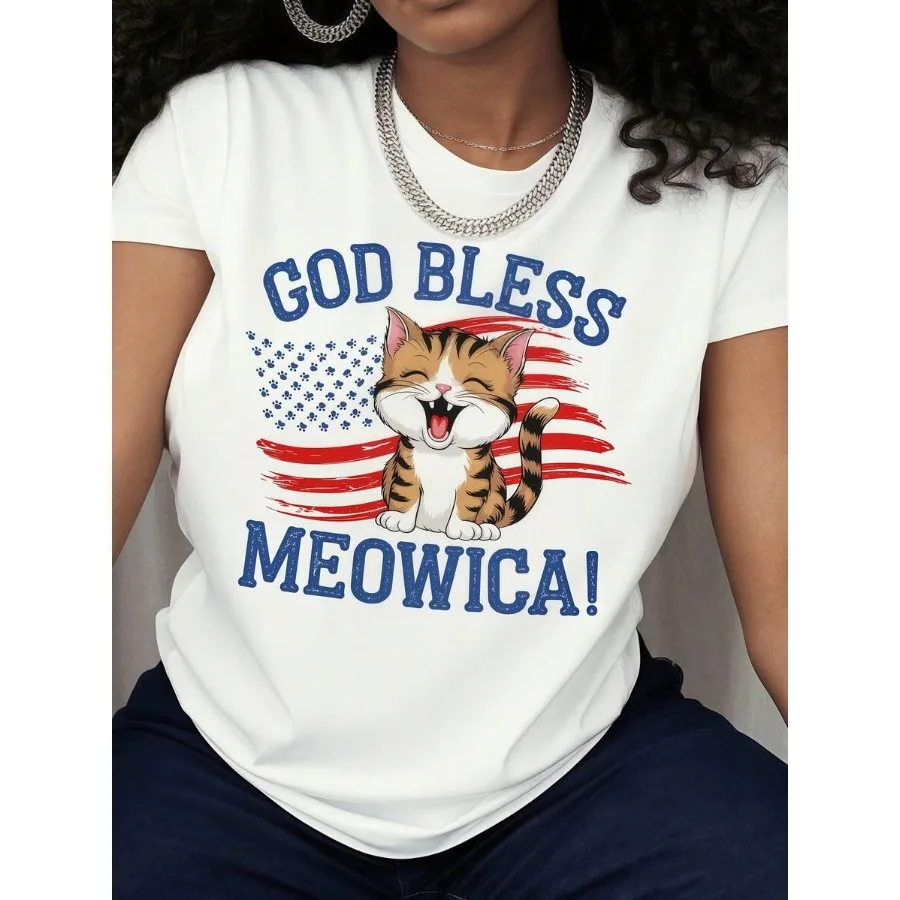 【New style】Plus Size July 4Th Women's Patriotic God Bless Meowica T-Shirt- Funny Catand American Flag Design Soft Cotton Crew N
