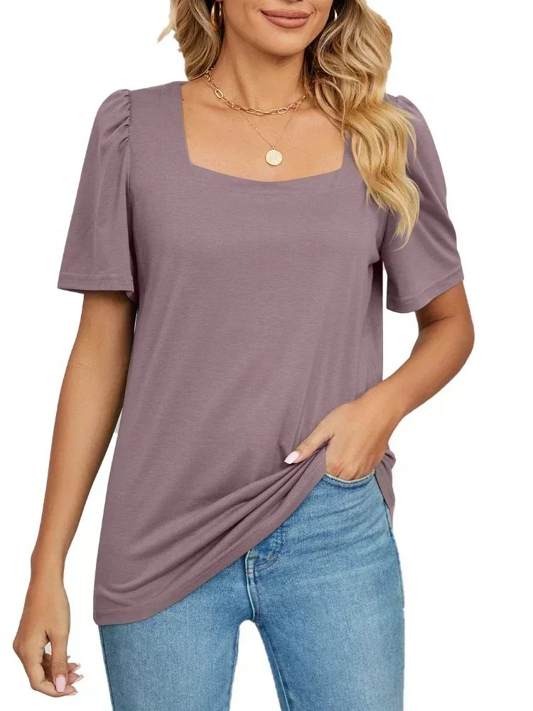 Women Short Sleeve Solid Square Neck T Shirt Tops