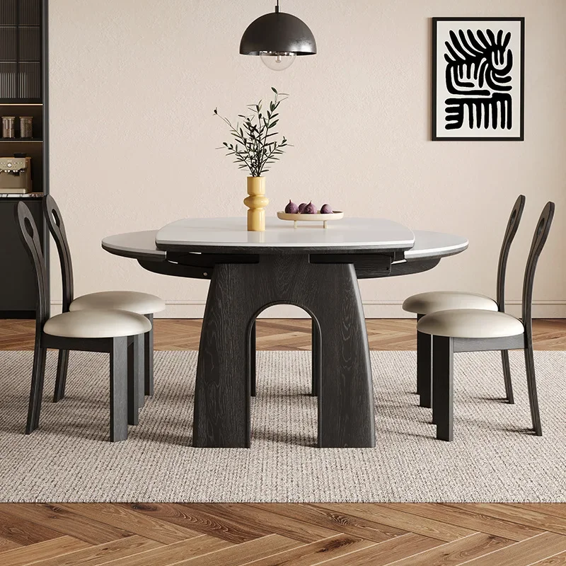 Medieval solid wood folding dining table round table restaurant small retractable retro dining table and chair combination