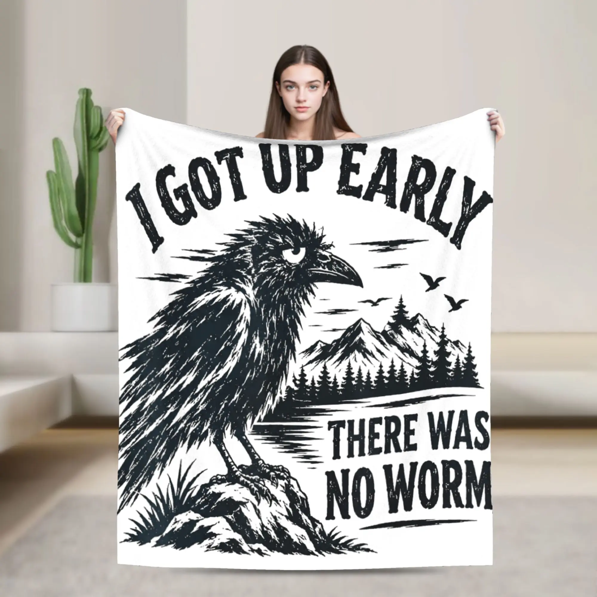 I Got Up Early There was No Worm Grumpy Raven Tee Bedding Throws Warm Comfy Funny Blanket  For Bedroom Travel Flannel Bed Cover