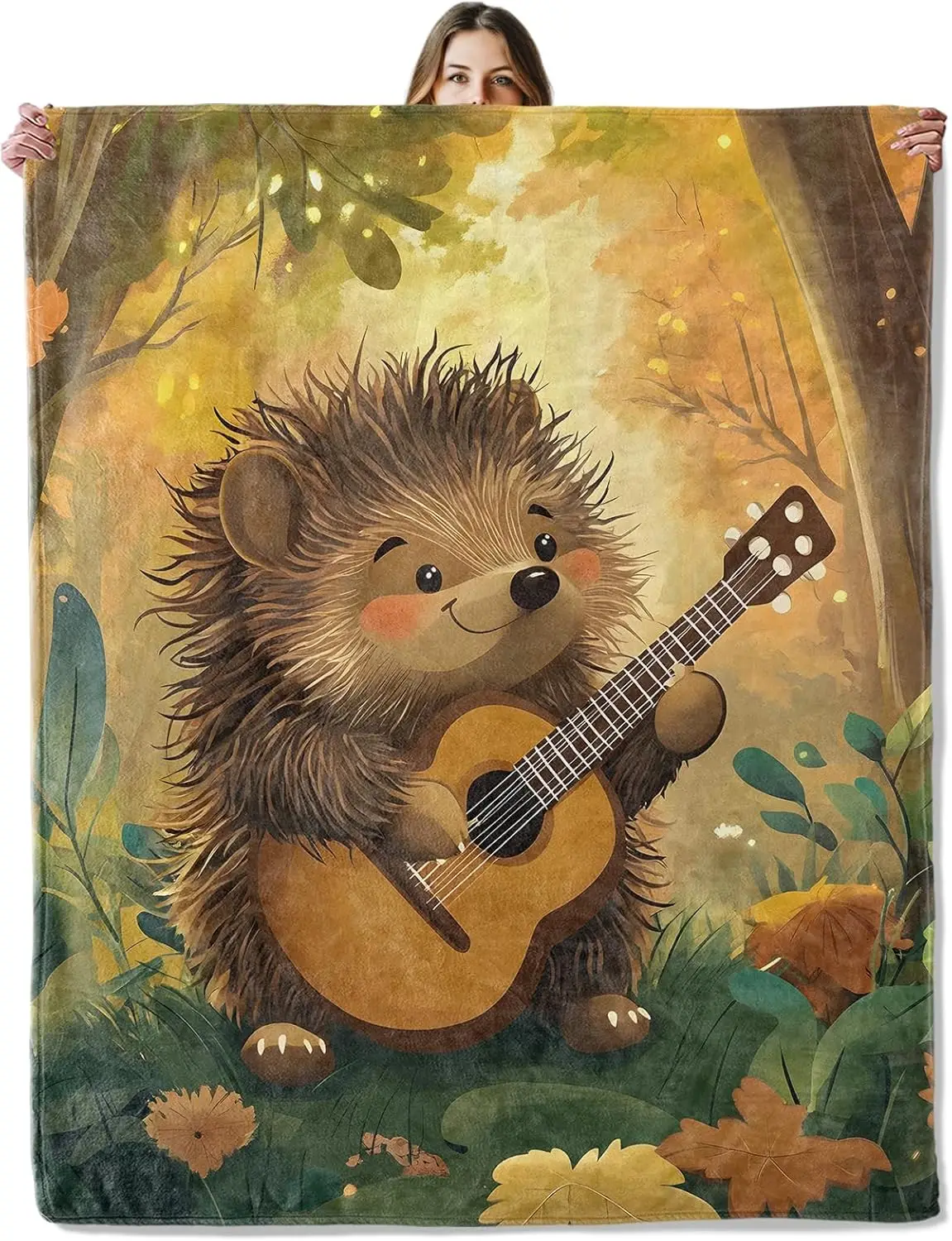 Cute Hedgehog Guitar Flannel Throw Blanket for Picnic Travel Camping,Forest Animal and Musical Instrument Decorative Blankets
