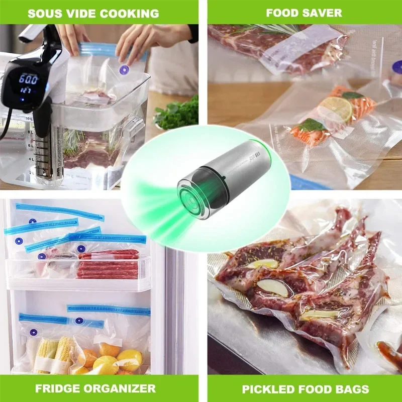 Saco De Armazenamento De Alimentos A Vácuo Reutilizável, Selador De Vácuo De Alimentos, Sous Vide Bags, USB Recarregável, Bomba de ar a vácuo