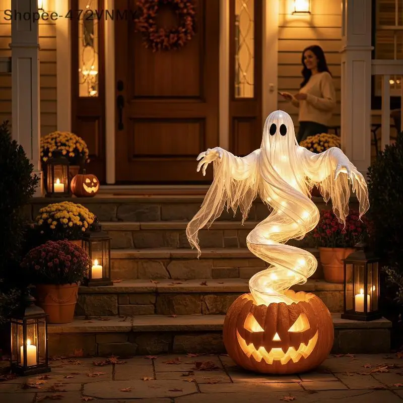 Swirling Ghost Pumpkin Yard Lamp,Halloween Lighted Spooky Ghost Statue,LED Outdoor Porch Pathway Decor,Ghost Pumpkin Yard Light