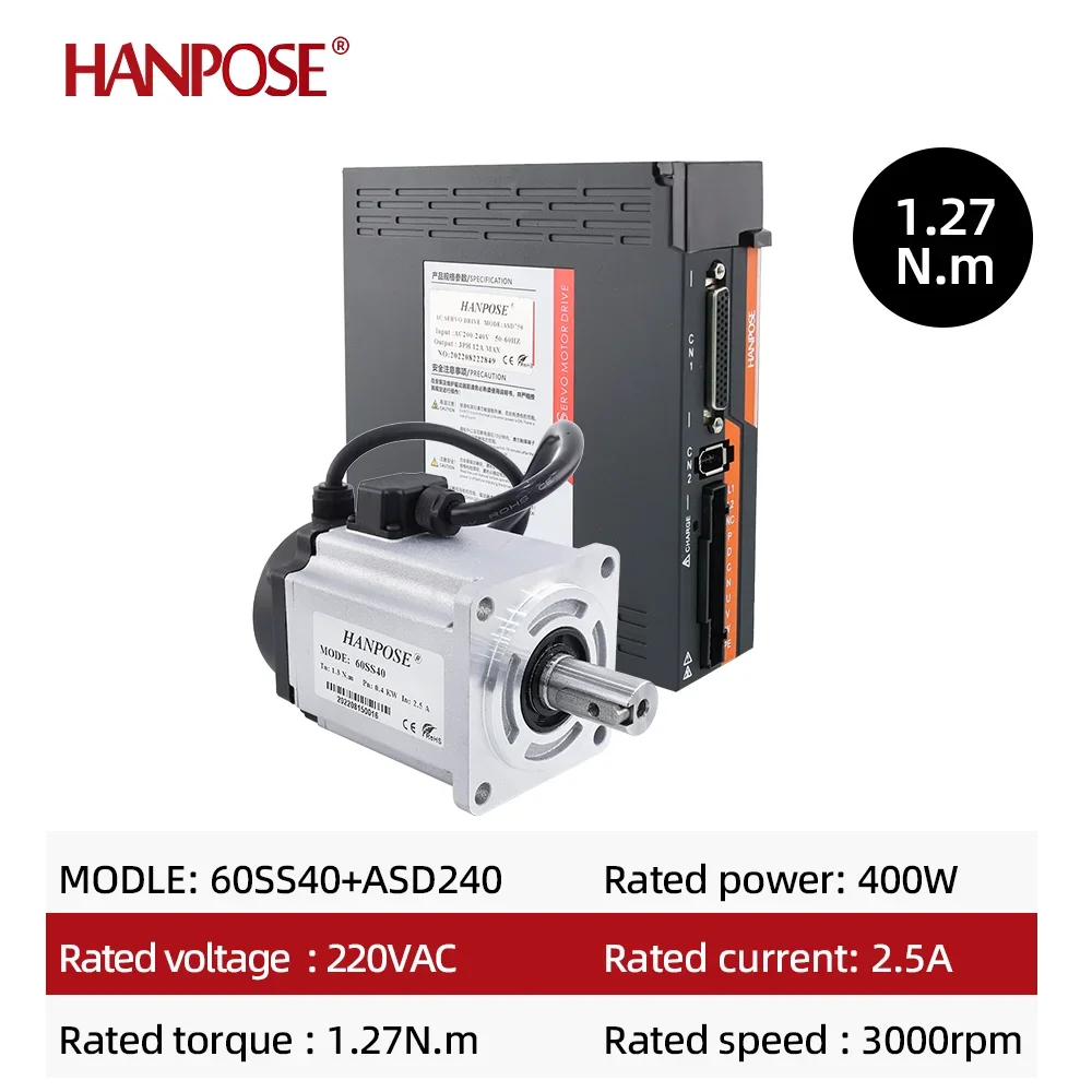 HANPOSE 60 Servo Motor Kit 60SS40 0.4kw ASD240 220V 1.3N.m 2.5A 3000-6000rpm Automation Equipment 400W Ac Servo Motor Drive