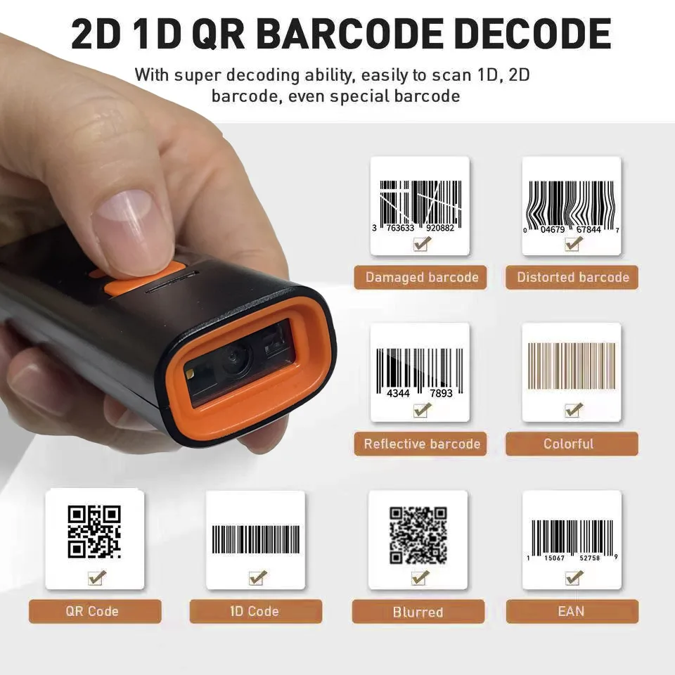 Picture 6: 2D Barcode Scanner Mini Wireless Bluetooth Handheld Portable 1D 2D QR Code Data Matrix PDF417 Reader With Charging Dock
