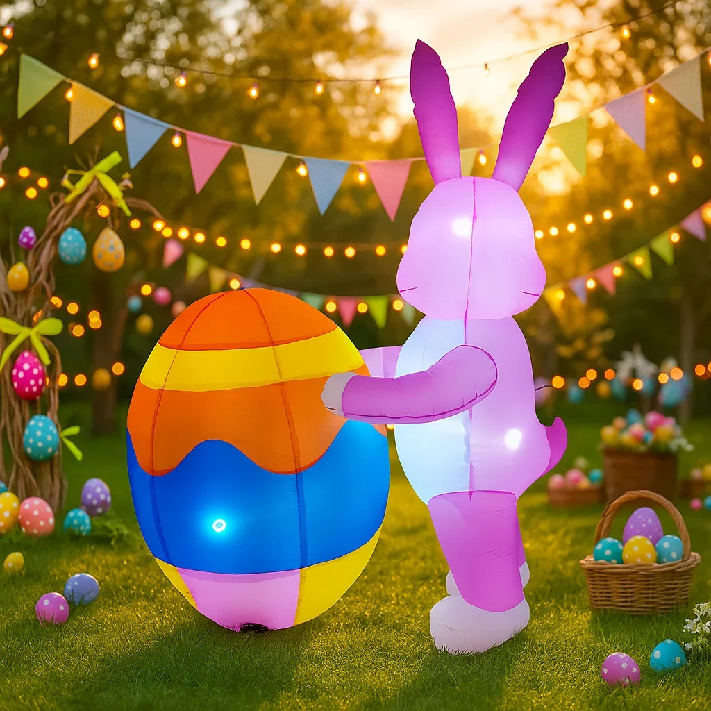

1.8M/5.9FT Inflatable Model Easter Holiday Festival Rabbit Support Easter Egg DIY Decoration Outdoor Garden Yard LED Light Decor