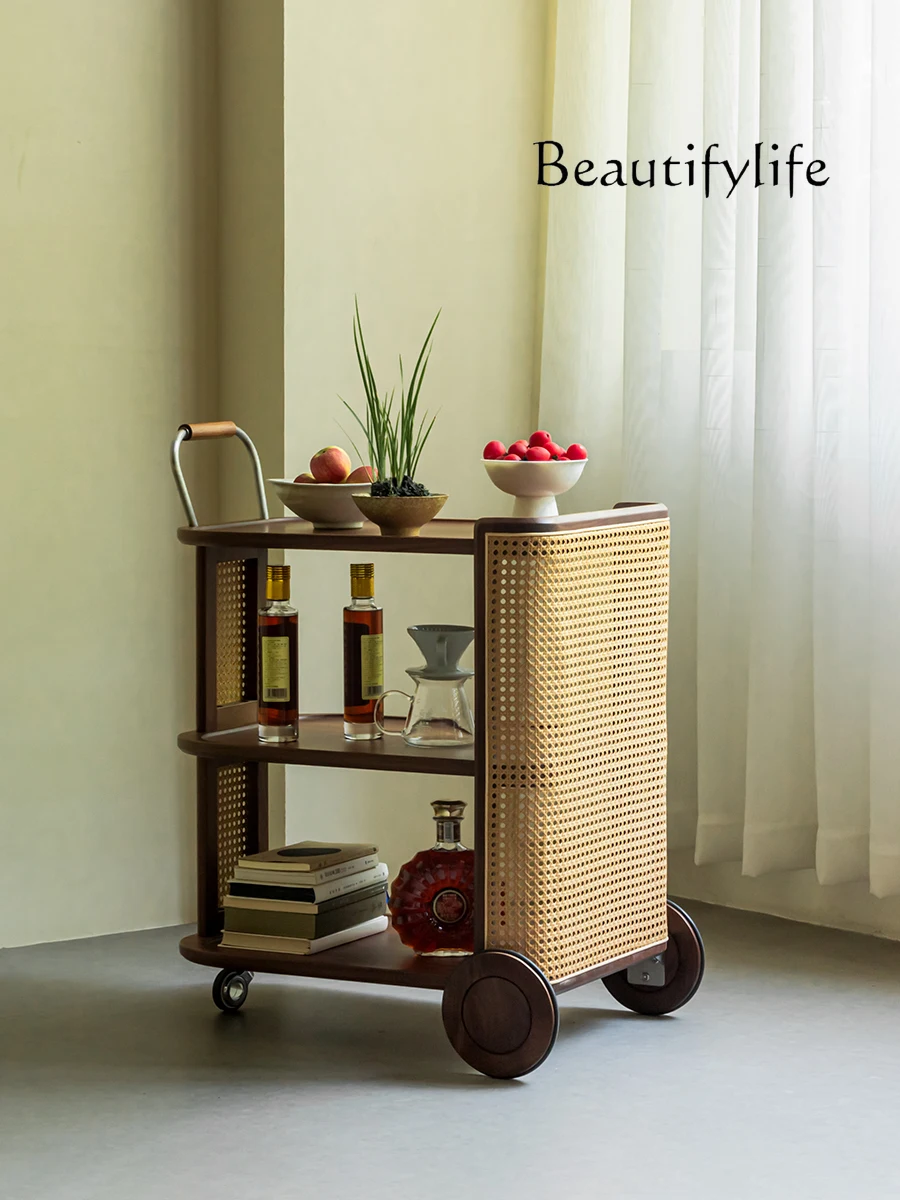 Living Room Sofa and Tea Table Side Table Trolley Rattan Solid Wood Movable Snack Cart Narrow Corner Table