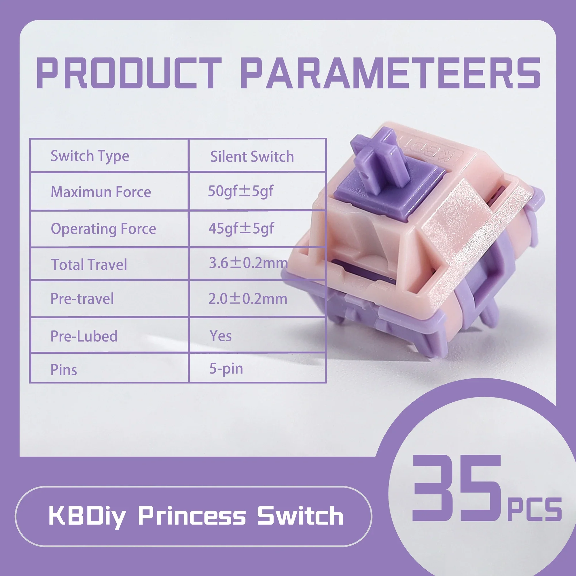 KBDiy 35Pcs Princess Switches 5Pins 45gf Factory Lubed Silent Switch With MX Keycaps for Gaming Mechanical Keyboard GMK67 Hi75